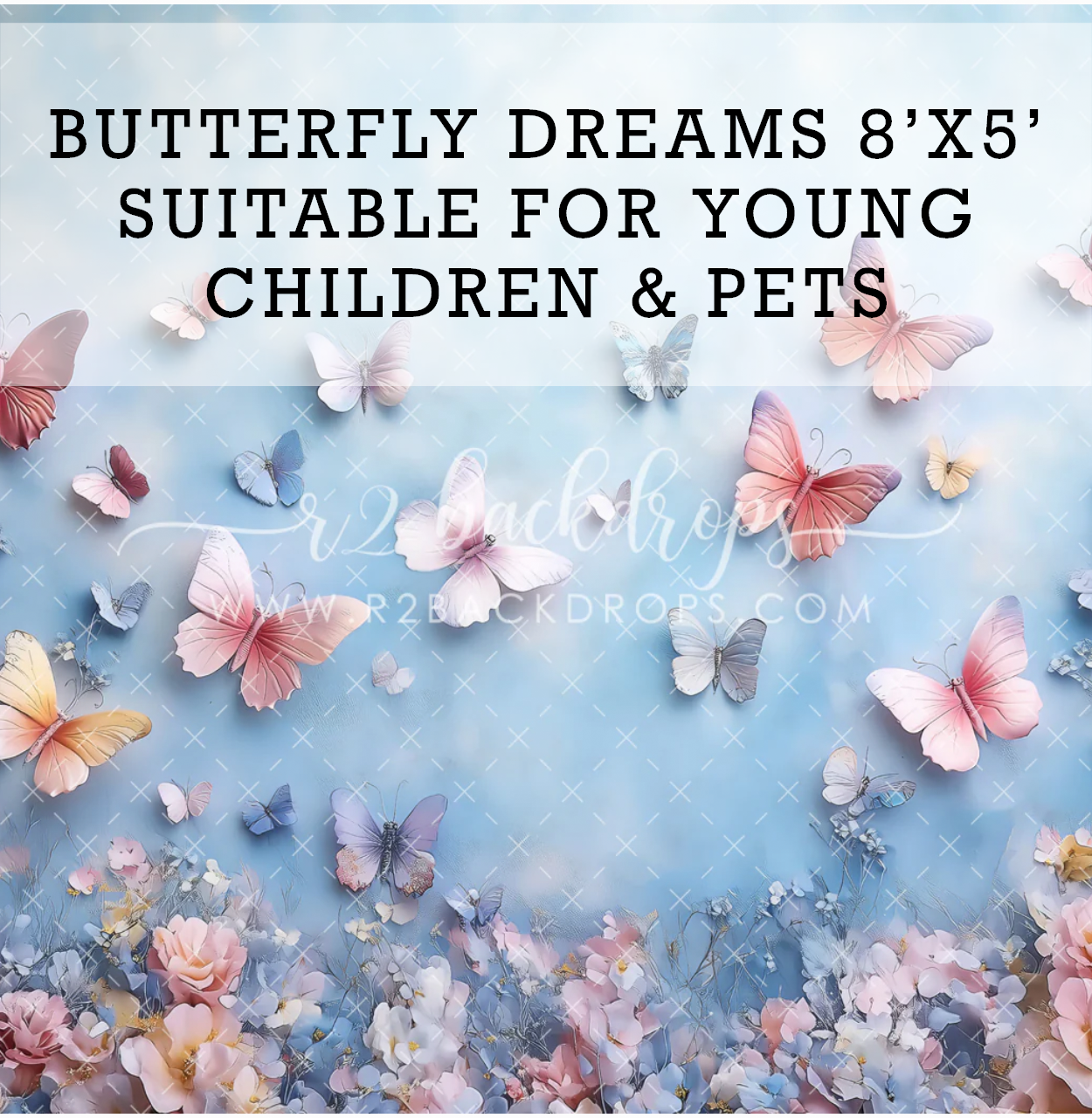 Dreamy butterfly photography backdrop with pastel pink and blue butterflies among soft floral blooms, 8x5 ft.