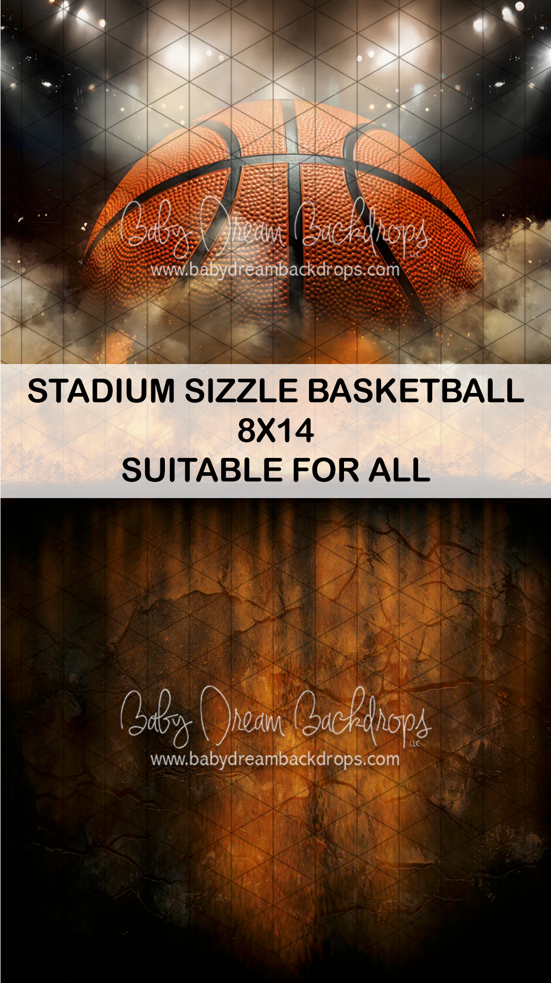Stadium Sizzle Basketball 8x14 photography backdrop by Baby Dream Backdrops, suitable for all occasions.