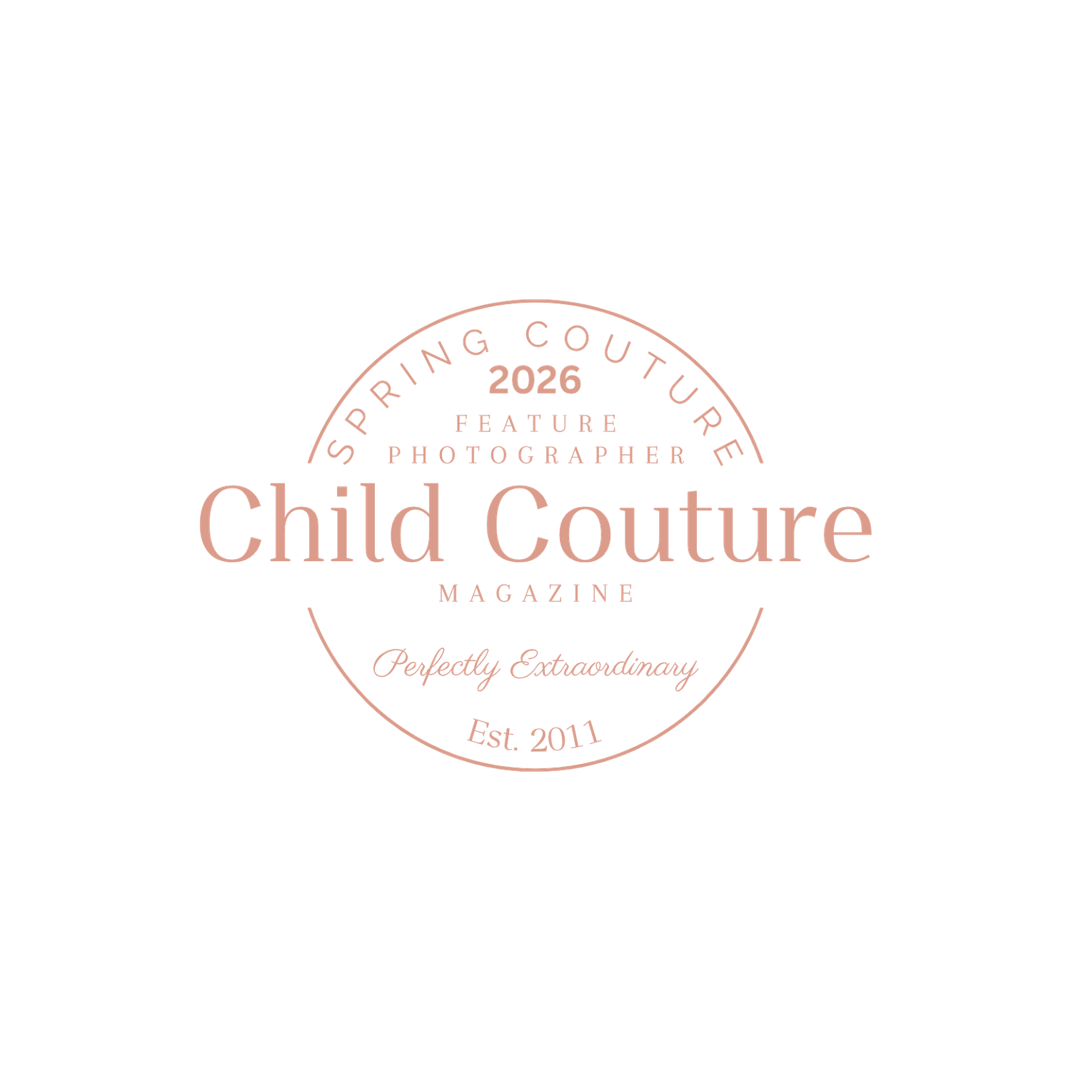 Child Couture Magazine Spring Couture 2026 Feature Photographer badge with pink circular stamp design.