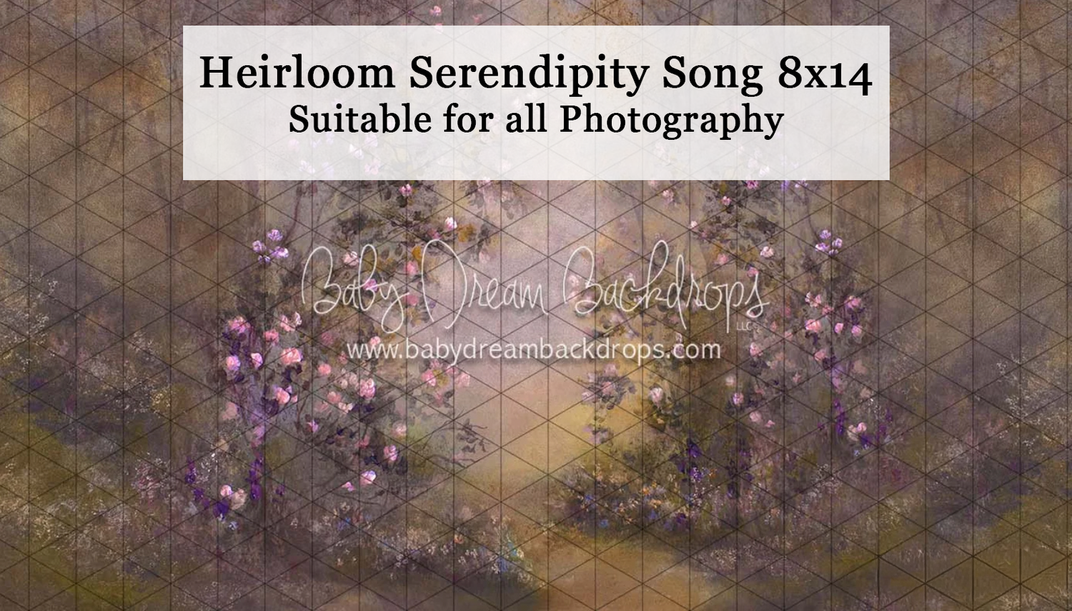 Heirloom Serendipity Song 8x14 floral photography backdrop with soft purple flowers and geometric pattern.