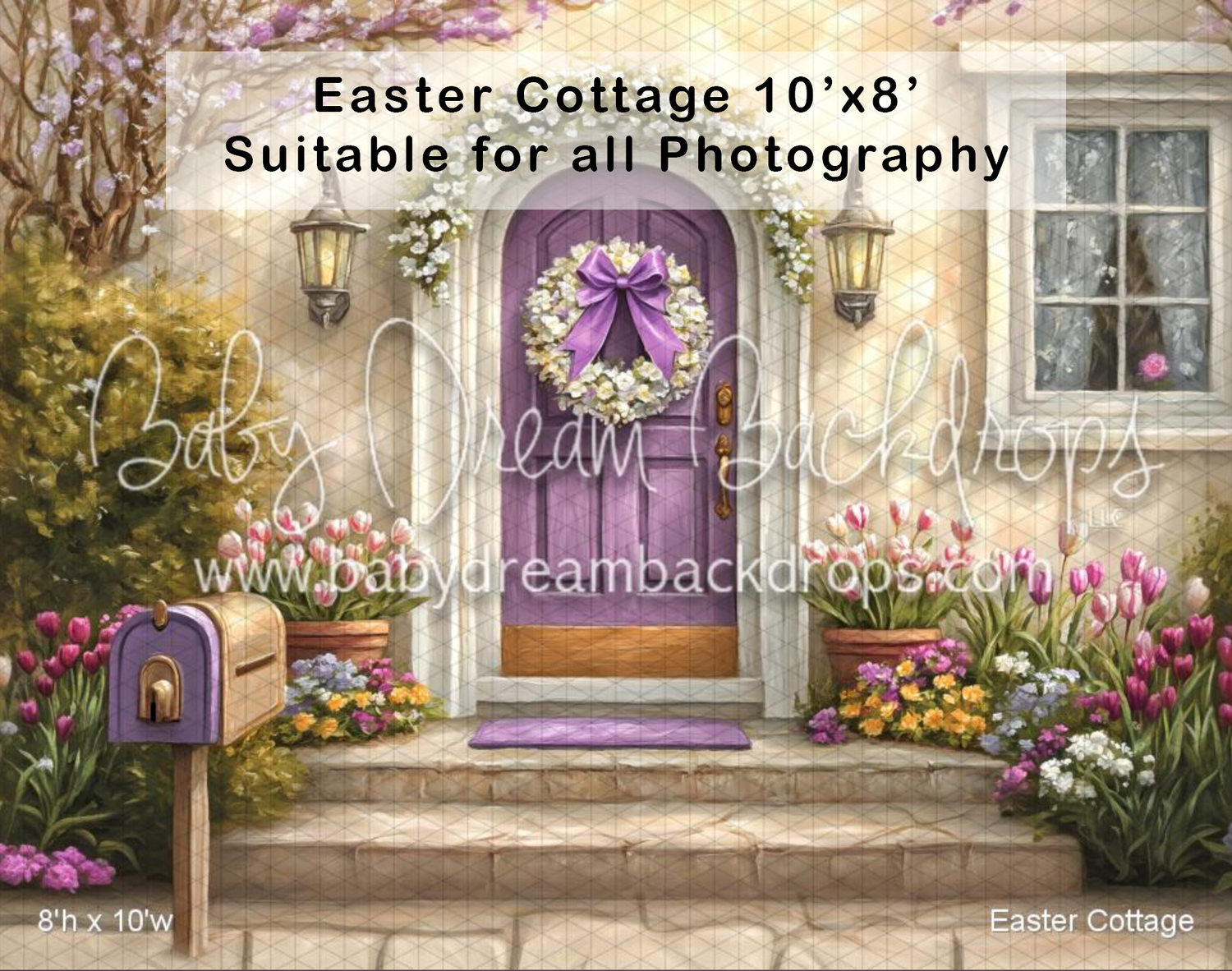 Easter Cottage 10x8 photography backdrop featuring purple door, spring flowers and tulips for all photography.