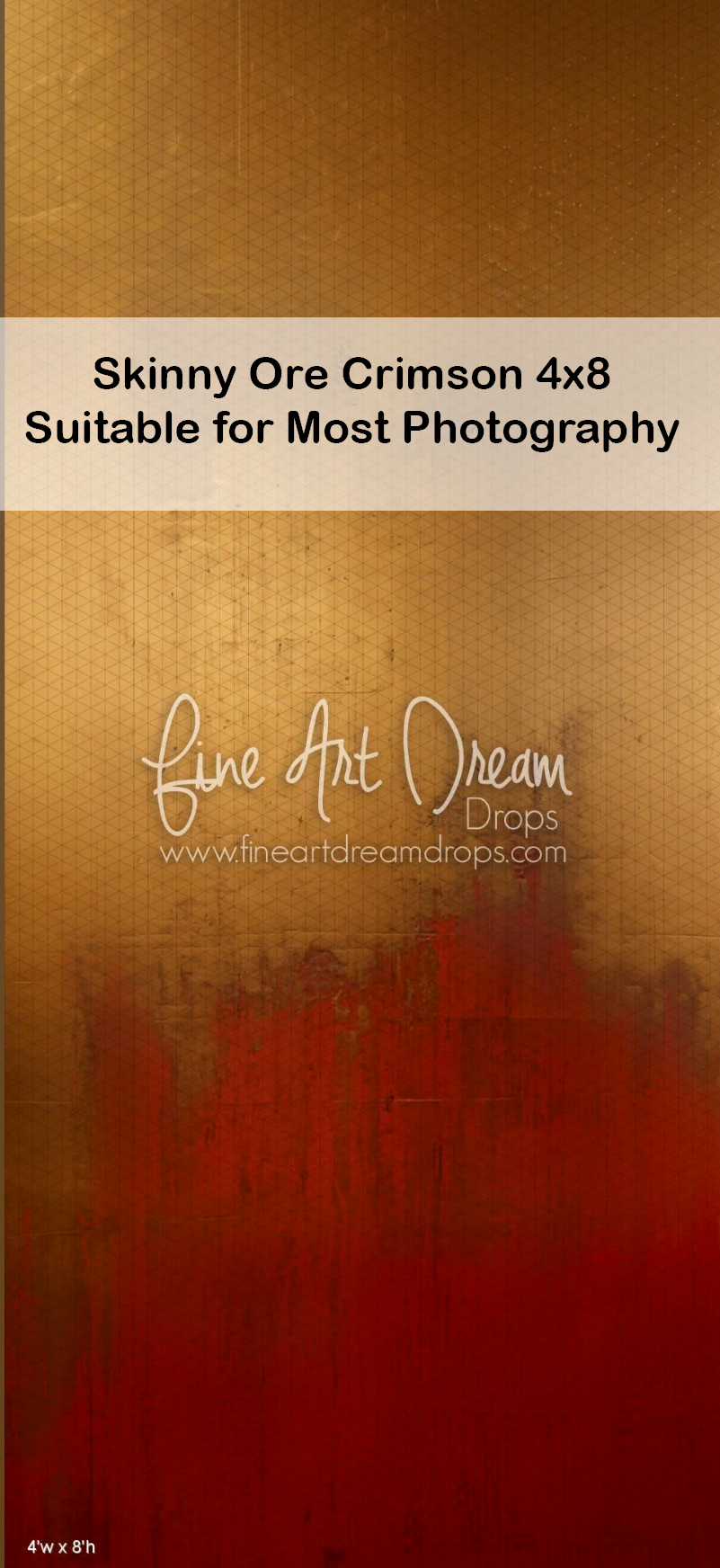 Skinny Ore Crimson 4x8 photography backdrop with rich gold and red brushstroke design, suitable for most photography.