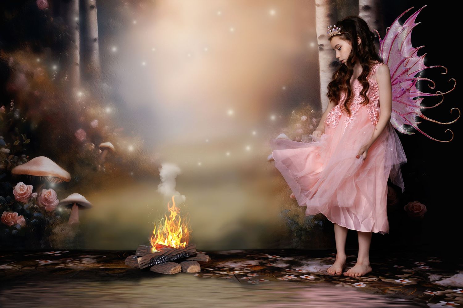 A little girl in a pink fairy costume with butterfly wings stands near a small campfire in a magical forest setting.