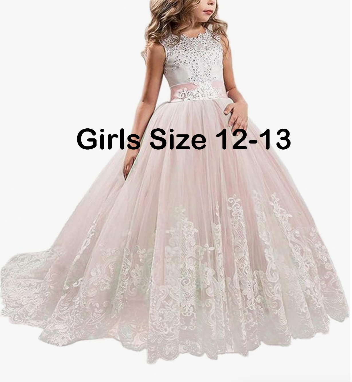 Pink beaded flower girl dress with lace applique hem and ribbon waist, girls size 12-13.