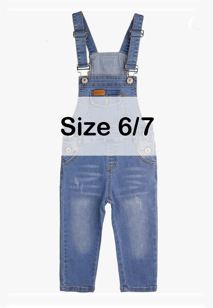 Boys size 6/7 light blue denim bib overalls with adjustable straps and front pockets.