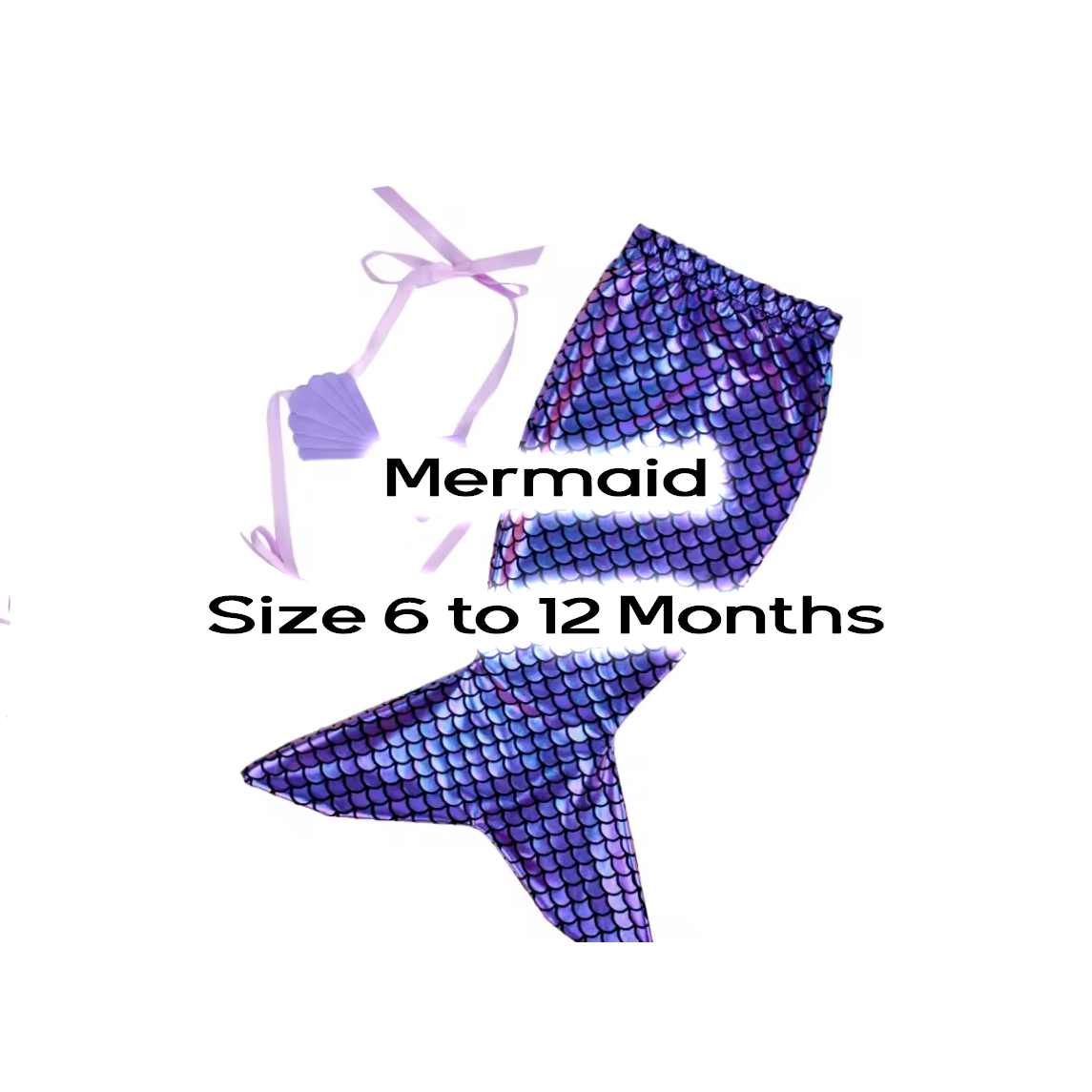 Purple mermaid tail swimsuit set for baby girls, size 6 to 12 months, featuring iridescent fish scale pattern.