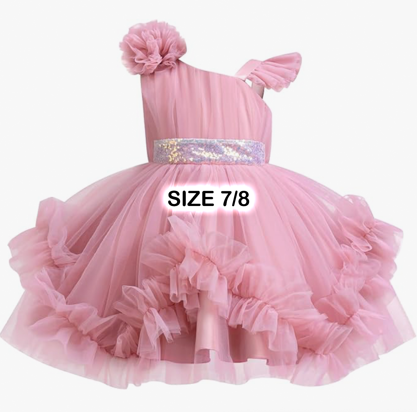 Pink tulle flower girl dress size 7/8 with sequin waist, ruffle hem, and floral one-shoulder strap.