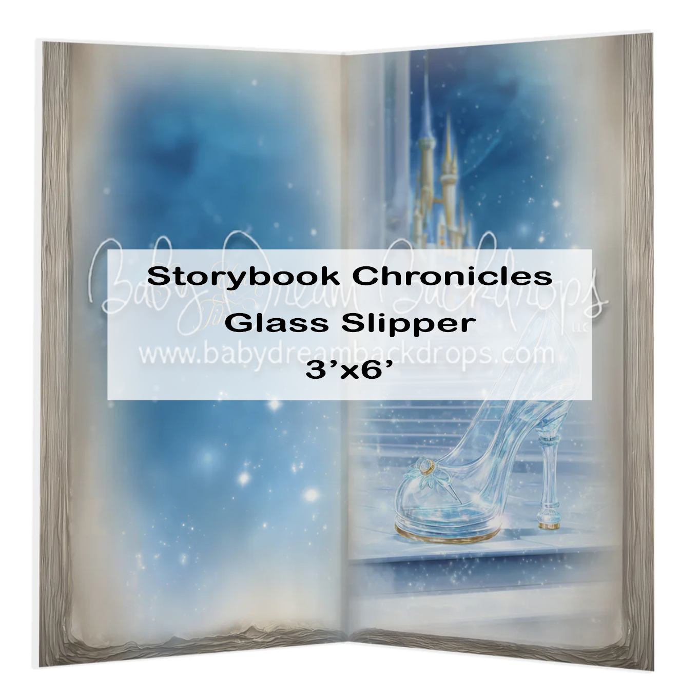 Cinderella glass slipper storybook open book photography backdrop with castle, 3x6 ft.
