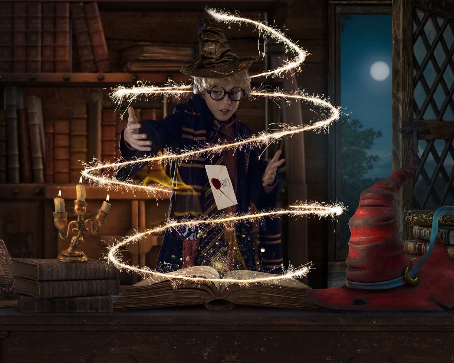 Child wizard casting magic spells with sparkles in a mystical library with books and candles.