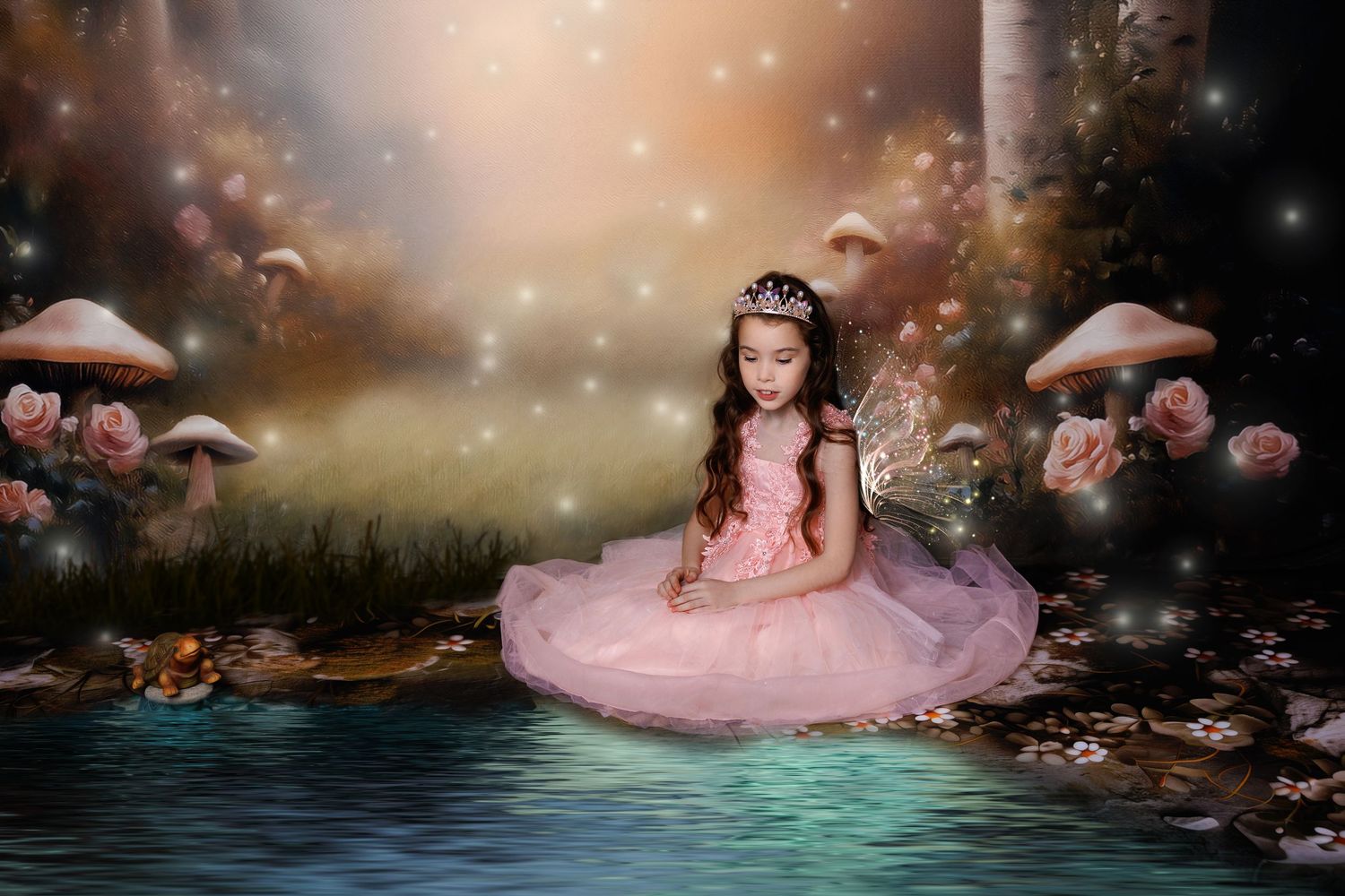 A fairy girl in a pink dress and crown sits meditating by a magical pond with mushrooms and roses.