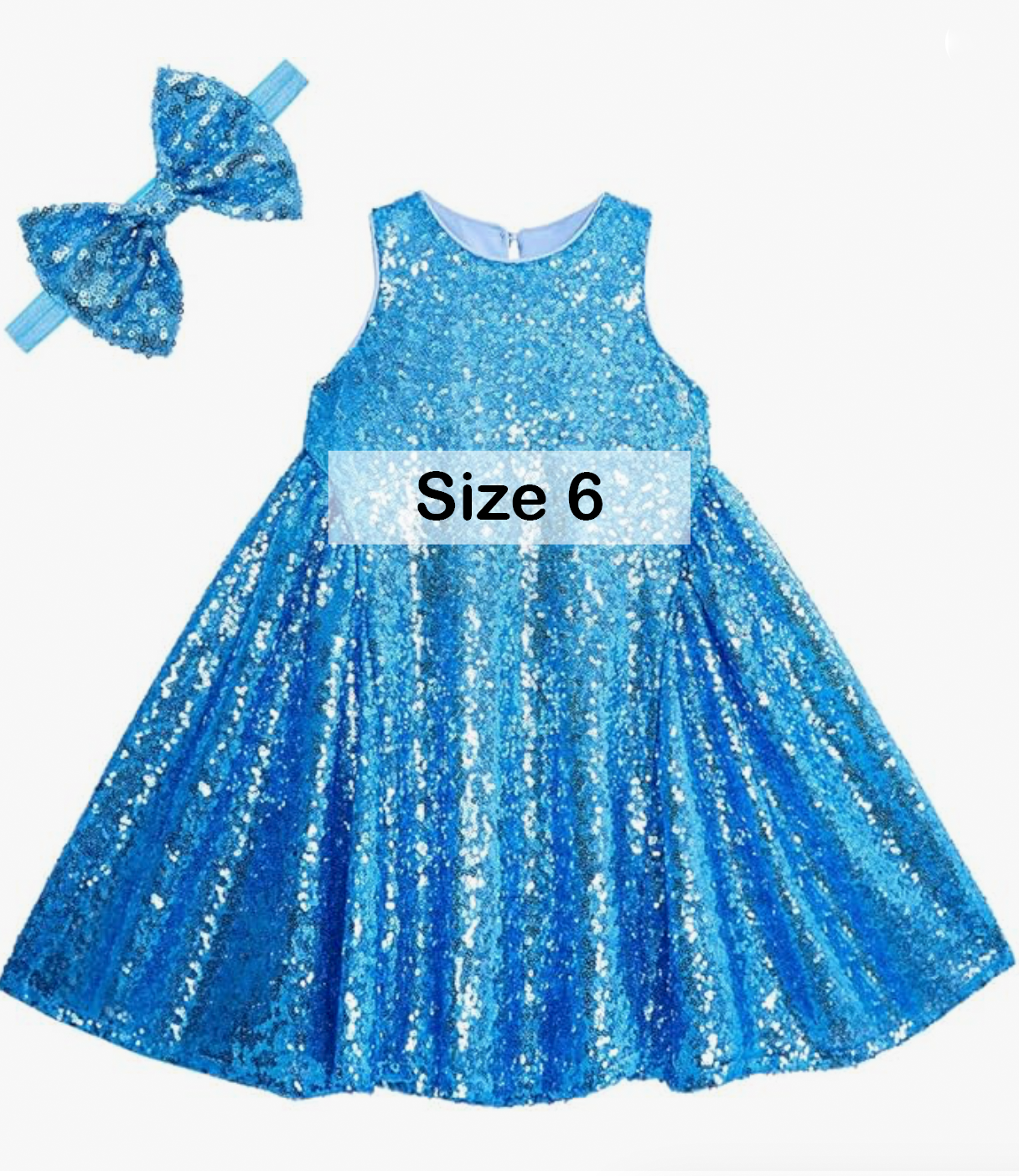 Blue sequin sleeveless girls dress size 6 with matching bow headband.