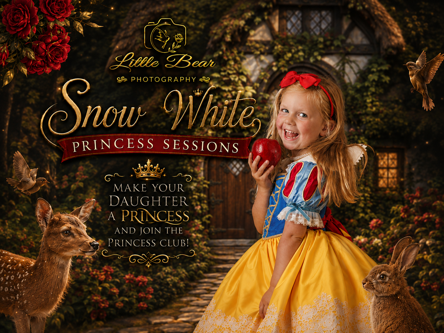 Young girl in Snow White costume holds red apple at Little Bear Photography Princess Sessions portrait studio.