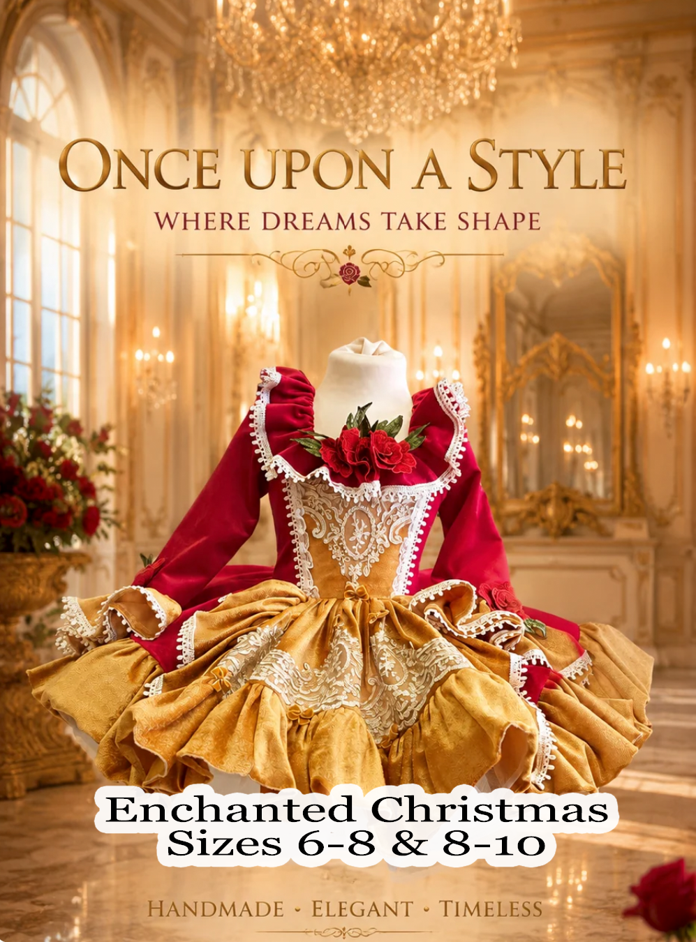 Handmade enchanted Christmas ball gown in red and gold with lace trim, sizes 6-8 and 8-10, elegant and timeless.