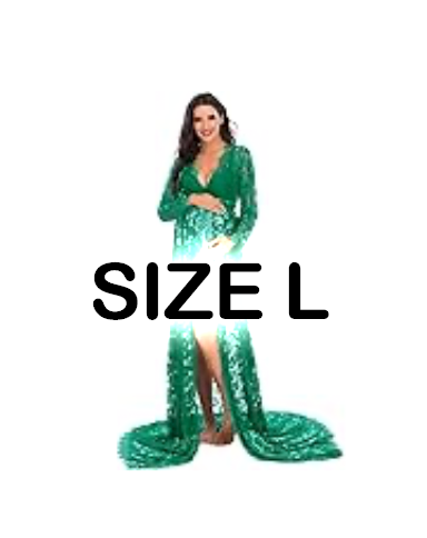 Woman wearing a size L elegant green lace maternity gown with long sleeves and a flowing train.