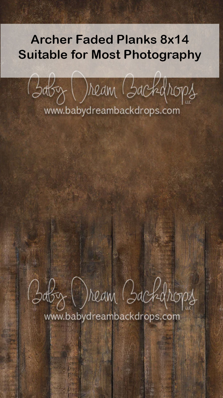 Archer Faded Planks 8x14 photography backdrop with dark brown rustic wood planks and moody faded upper section.