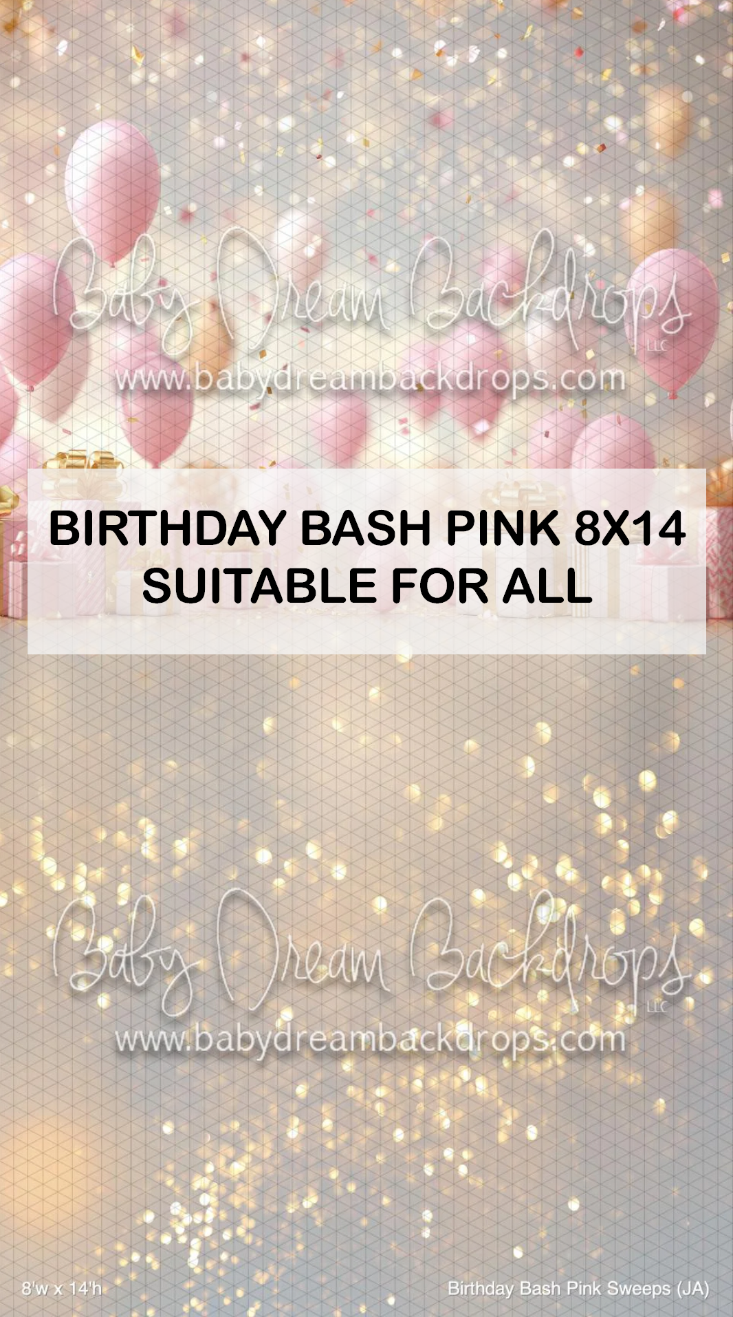 Pink birthday bash backdrop with balloons and golden bokeh lights, 8x14, suitable for all occasions.