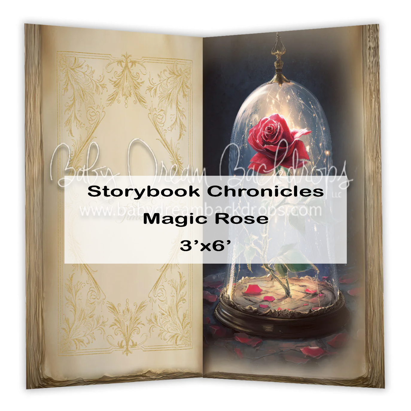 Magic Rose enchanted storybook backdrop featuring Beauty and the Beast rose in glass dome, 3x6 ft.