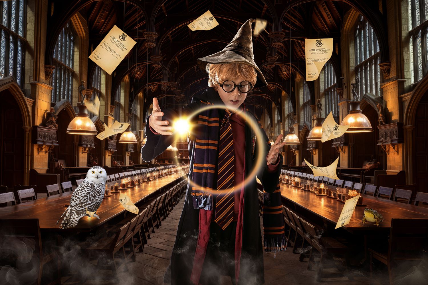 Child dressed as Harry Potter casting a spell with a wand in a grand Hogwarts-style dining hall.