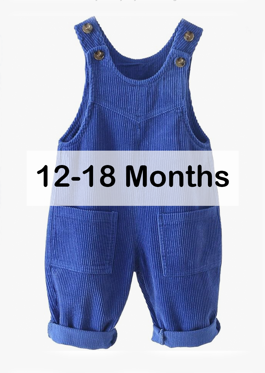 Blue corduroy sleeveless dungaree overalls for babies, size 12-18 months.