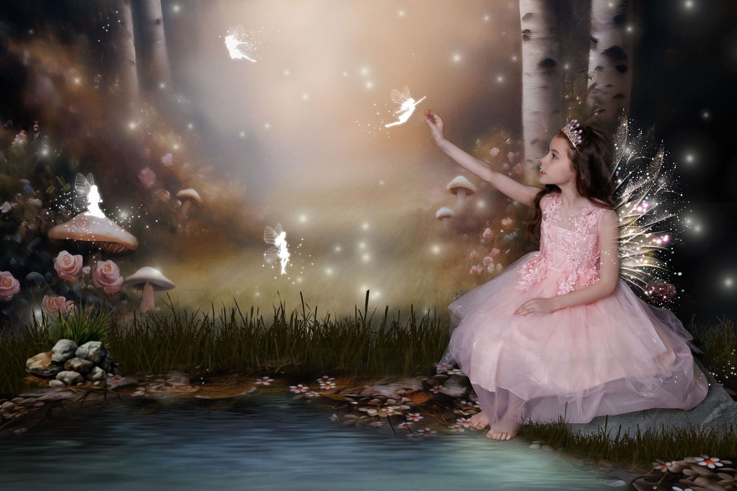A fairy girl in pink reaches toward glowing white birds by a magical forest pond at twilight.