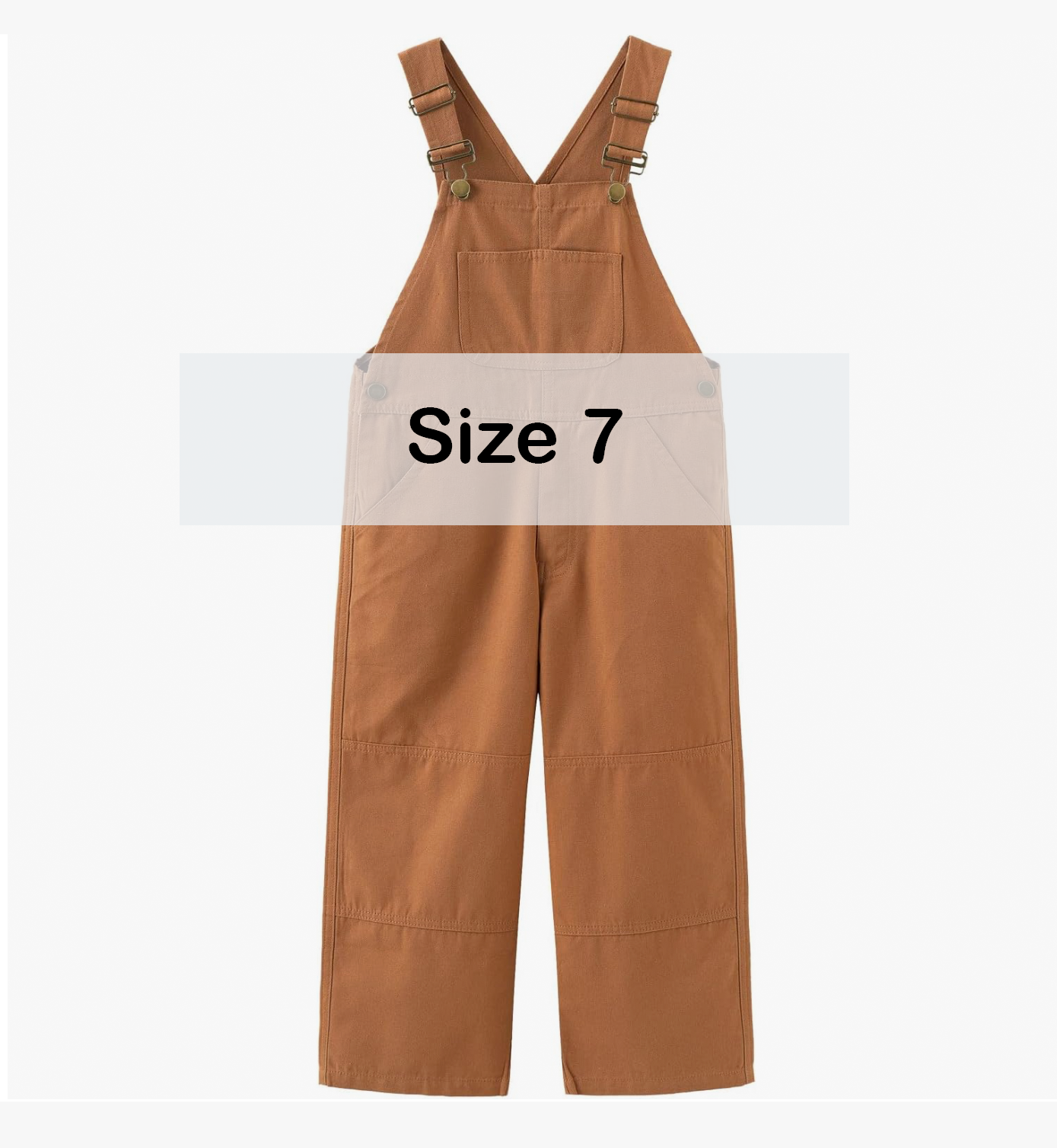 Size 7 children's brown canvas bib overalls with adjustable buckle straps.