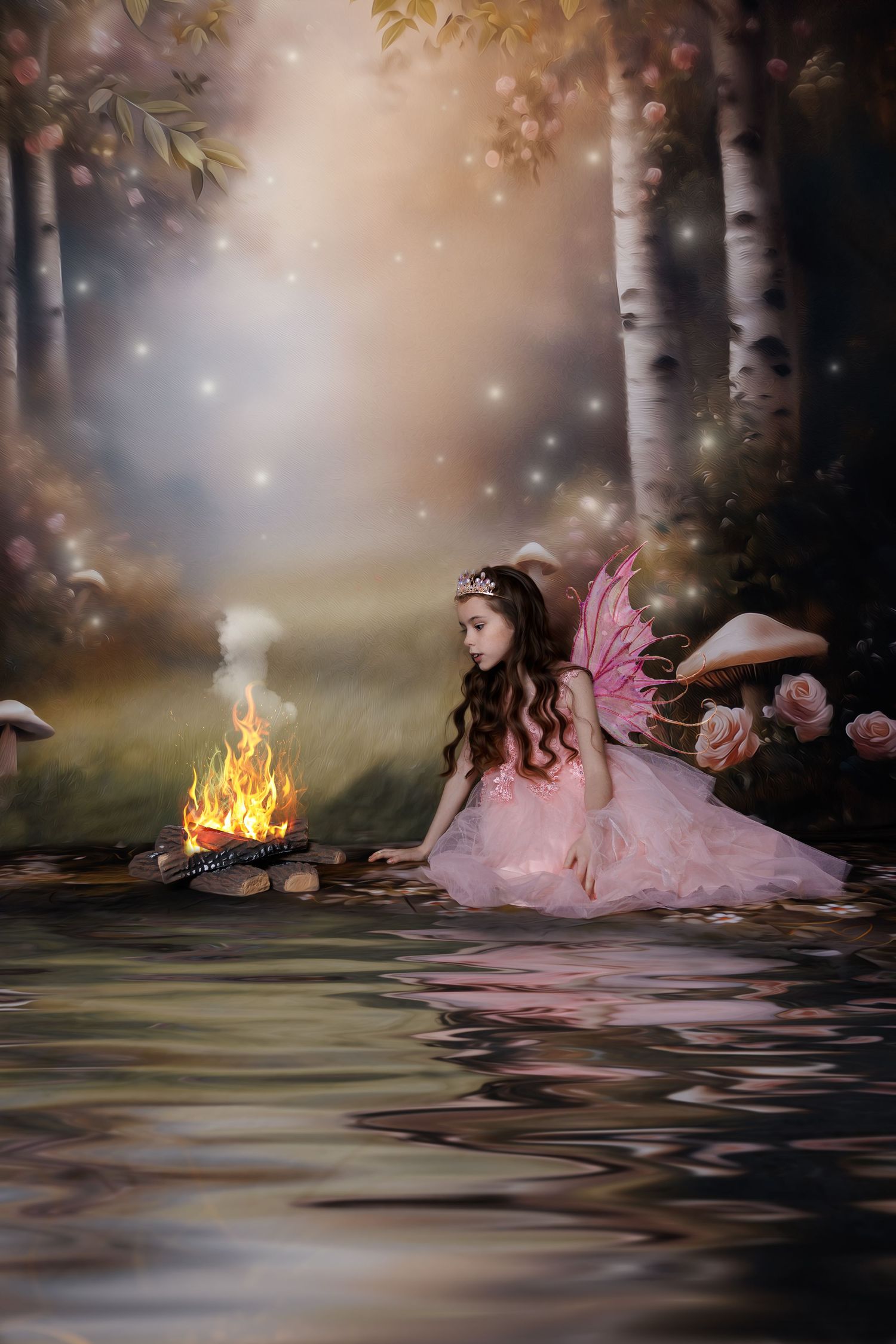 A little girl wearing a pink dress and fairy wings sits by a campfire near a reflective pool in a magical forest.