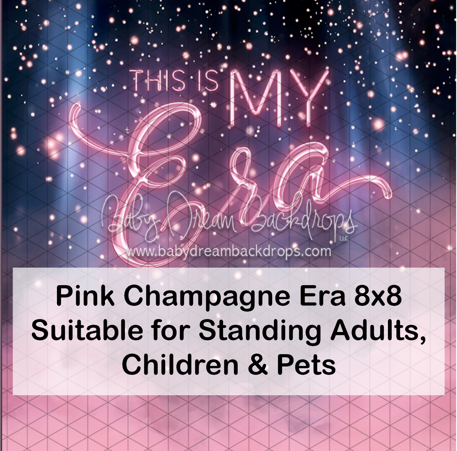 Pink Champagne Era 8x8 photography backdrop suitable for adults, children, and pets with neon lights.