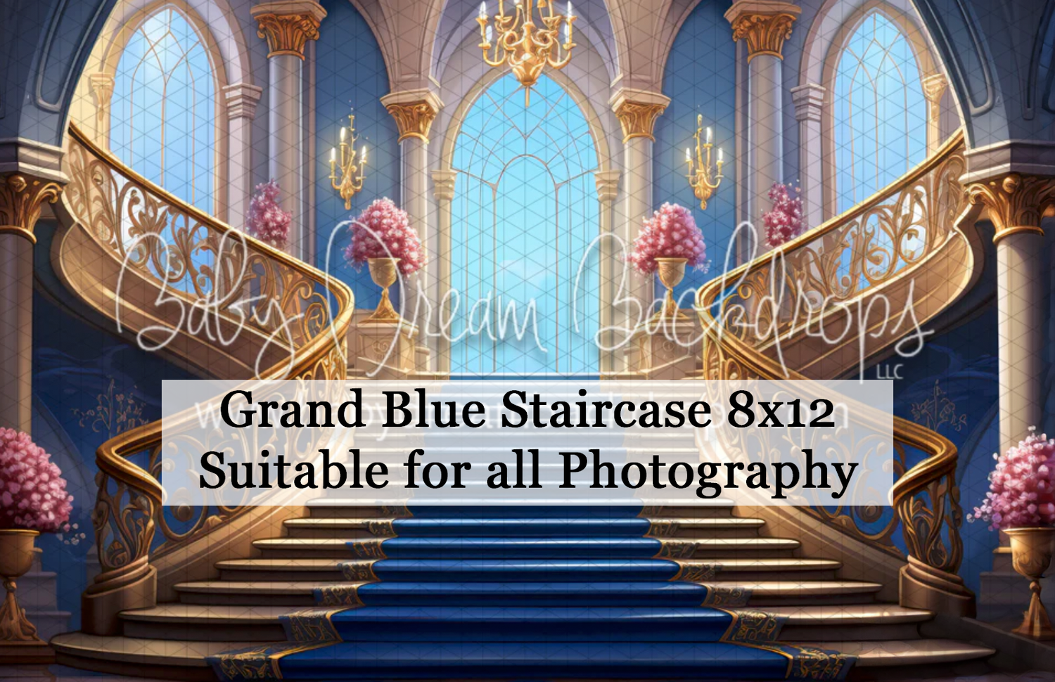 Grand blue staircase photography backdrop featuring ornate railings, chandeliers, and pink floral arrangements in an elegant palace setting.