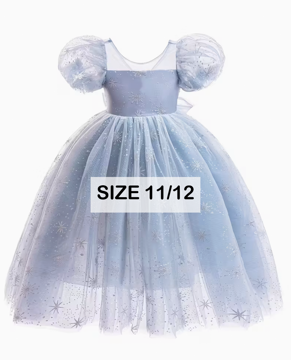 Light blue tulle snowflake princess dress with puff sleeves, size 11/12, perfect for Elsa Frozen costume.