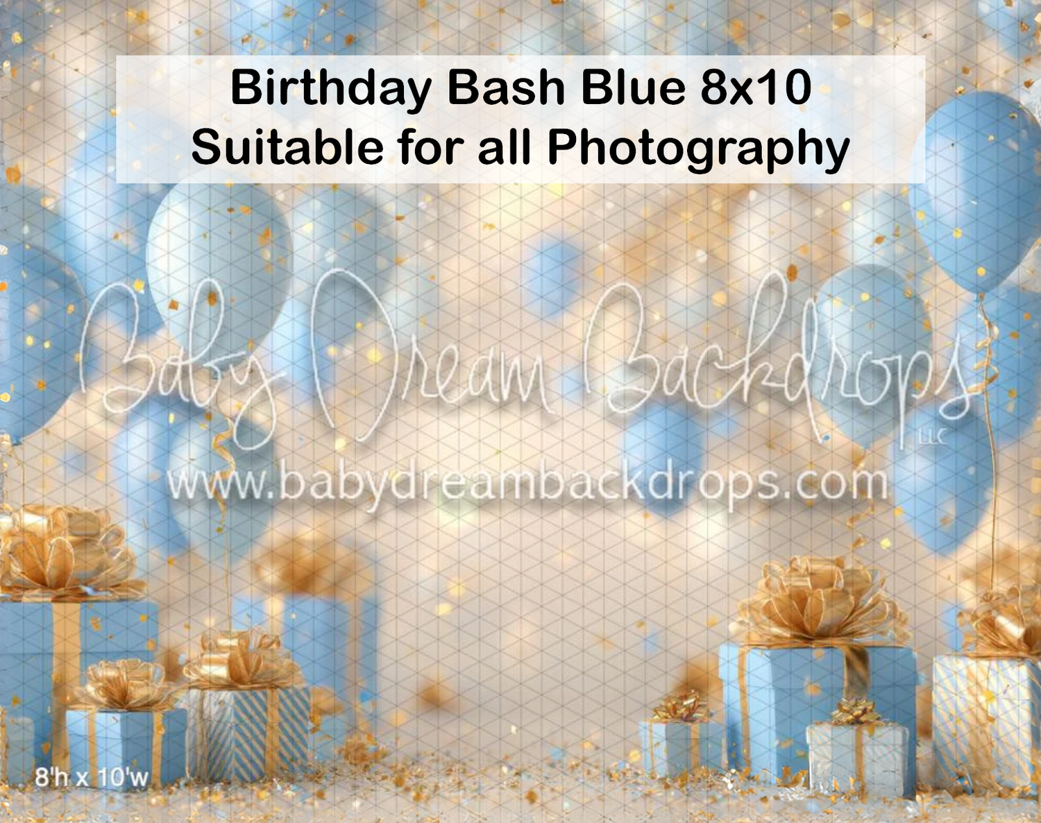 Birthday Bash Blue 8x10 photography backdrop featuring blue balloons, gold gifts, and glitter confetti for all photography.