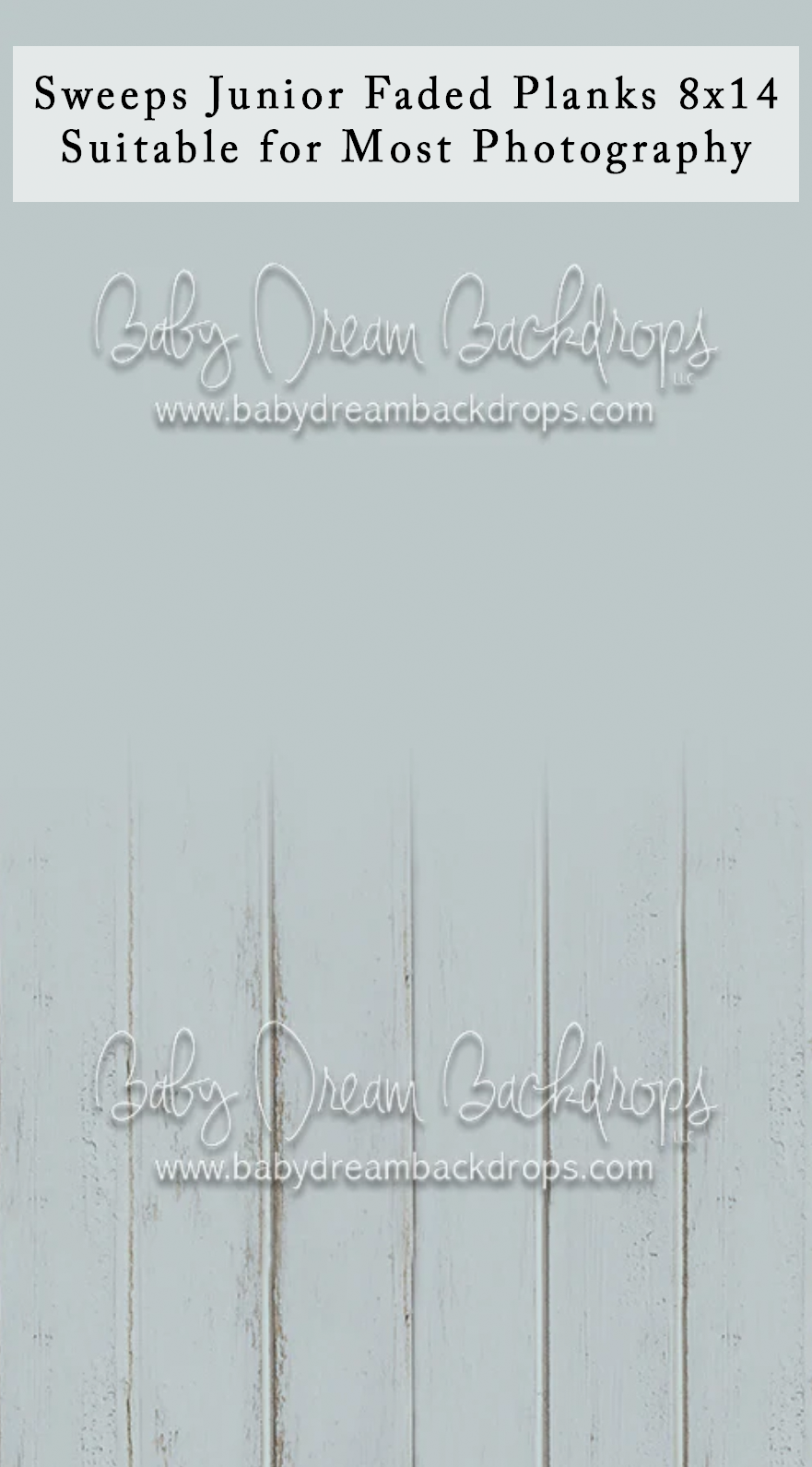 Sweeps Junior Faded Planks 8x14 two-in-one light blue solid top and whitewashed wood plank floor photography backdrop.