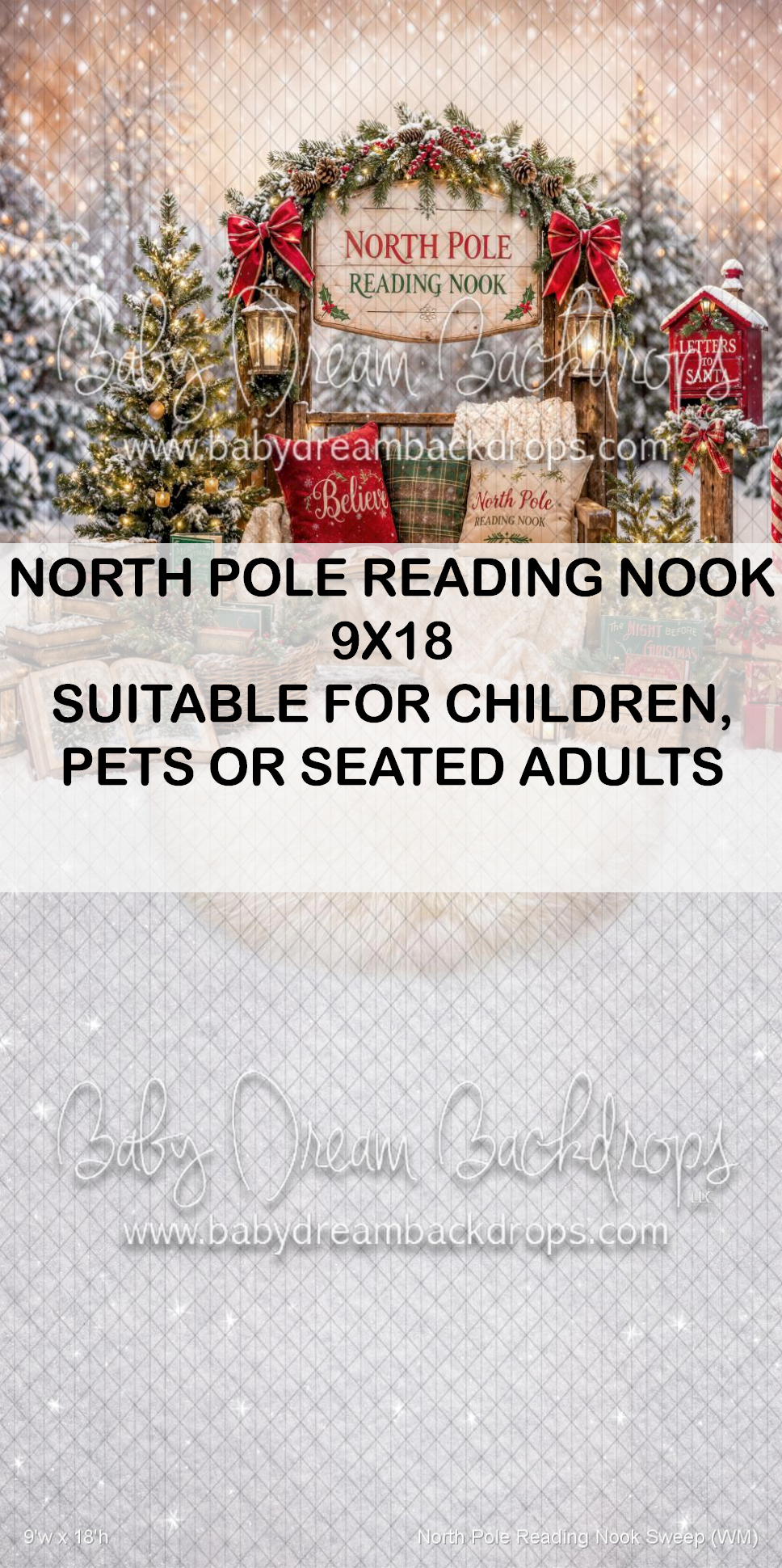 North Pole Reading Nook 9x18 Christmas photography backdrop with snowy scene, suitable for children, pets, or seated adults.