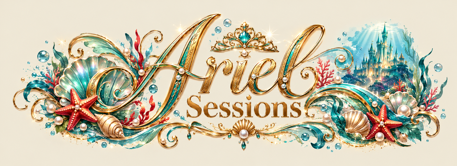 Ariel Sessions decorative logo with golden script text, colorful seashells, starfish, and underwater castle on cream background.