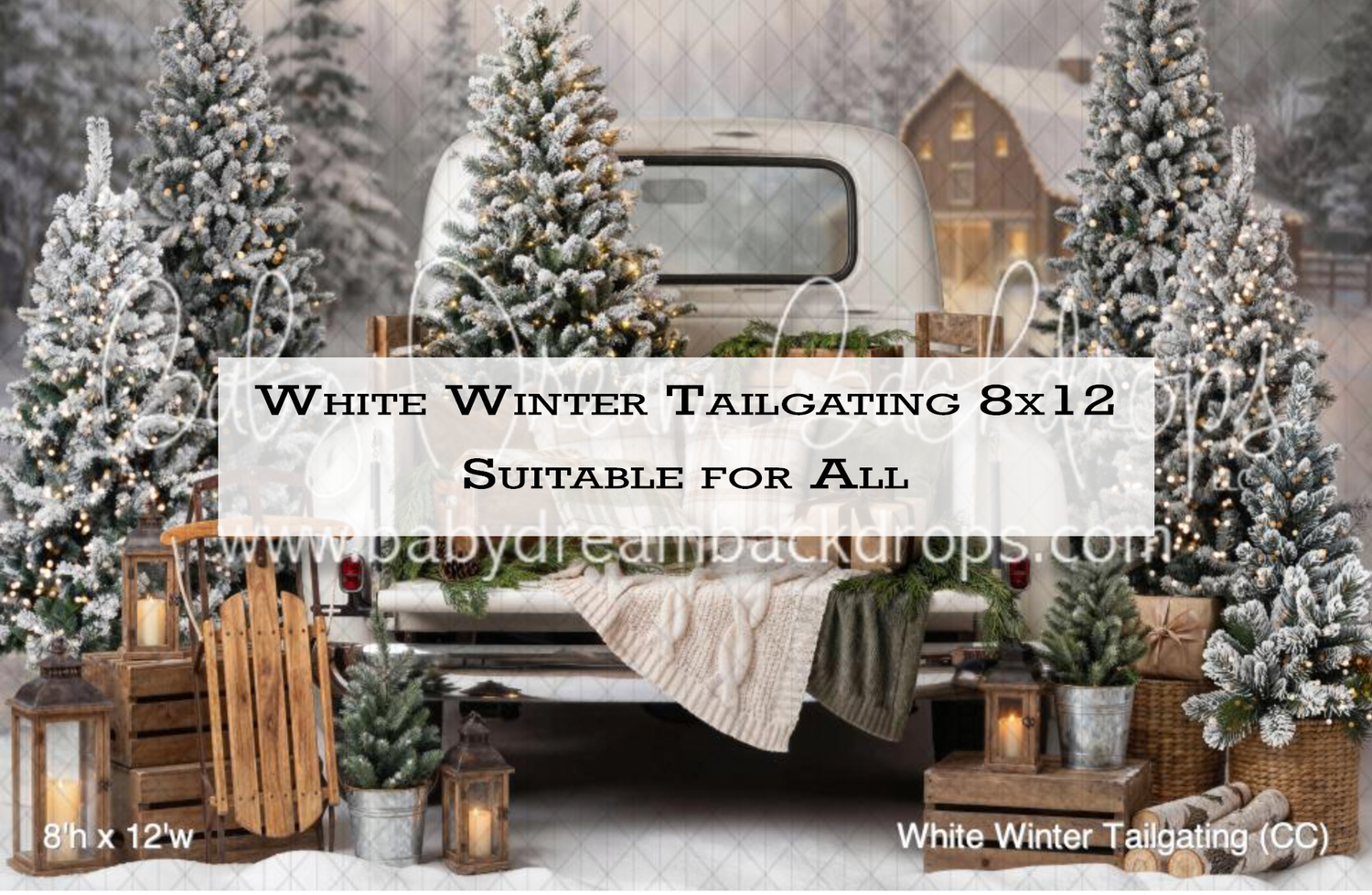 Snowy winter photography backdrop featuring vintage white truck, frosted Christmas trees, wooden sleds, and rustic cabin scene.