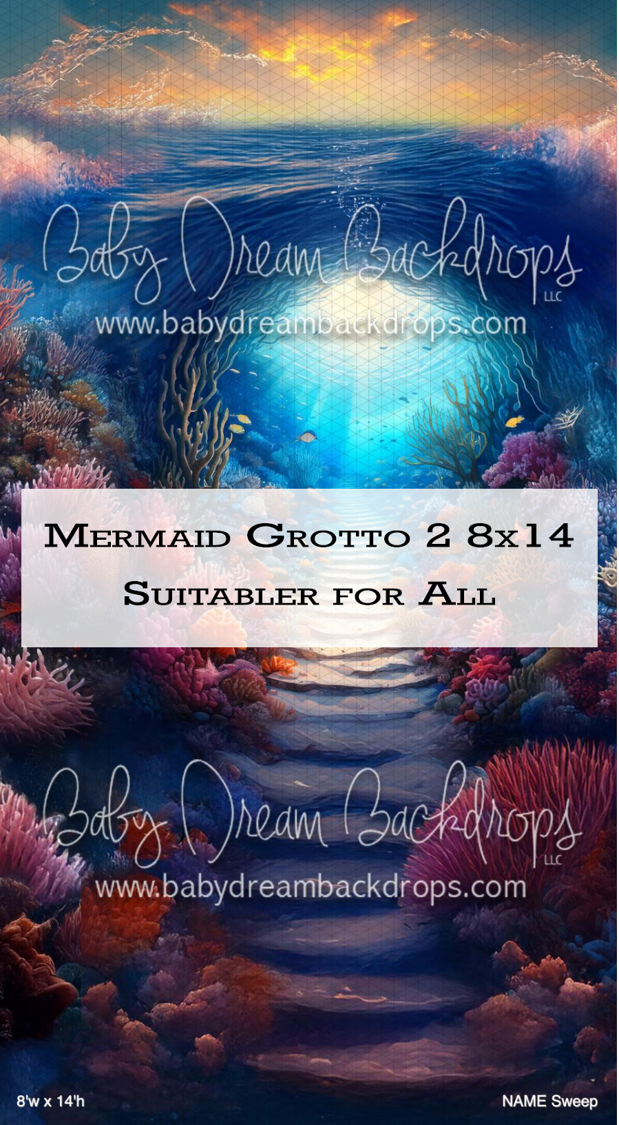 Underwater mermaid grotto photography backdrop featuring coral reefs, glowing light rays, and ocean scenery, 8x14 by Baby Dream Backdrops.