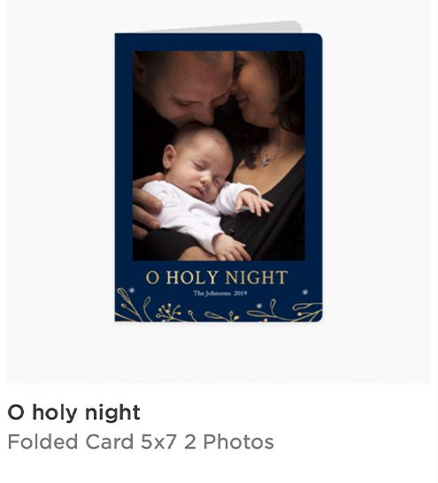O Holy Night folded 5x7 Christmas card featuring a family photo with navy blue background and gold foil accents.