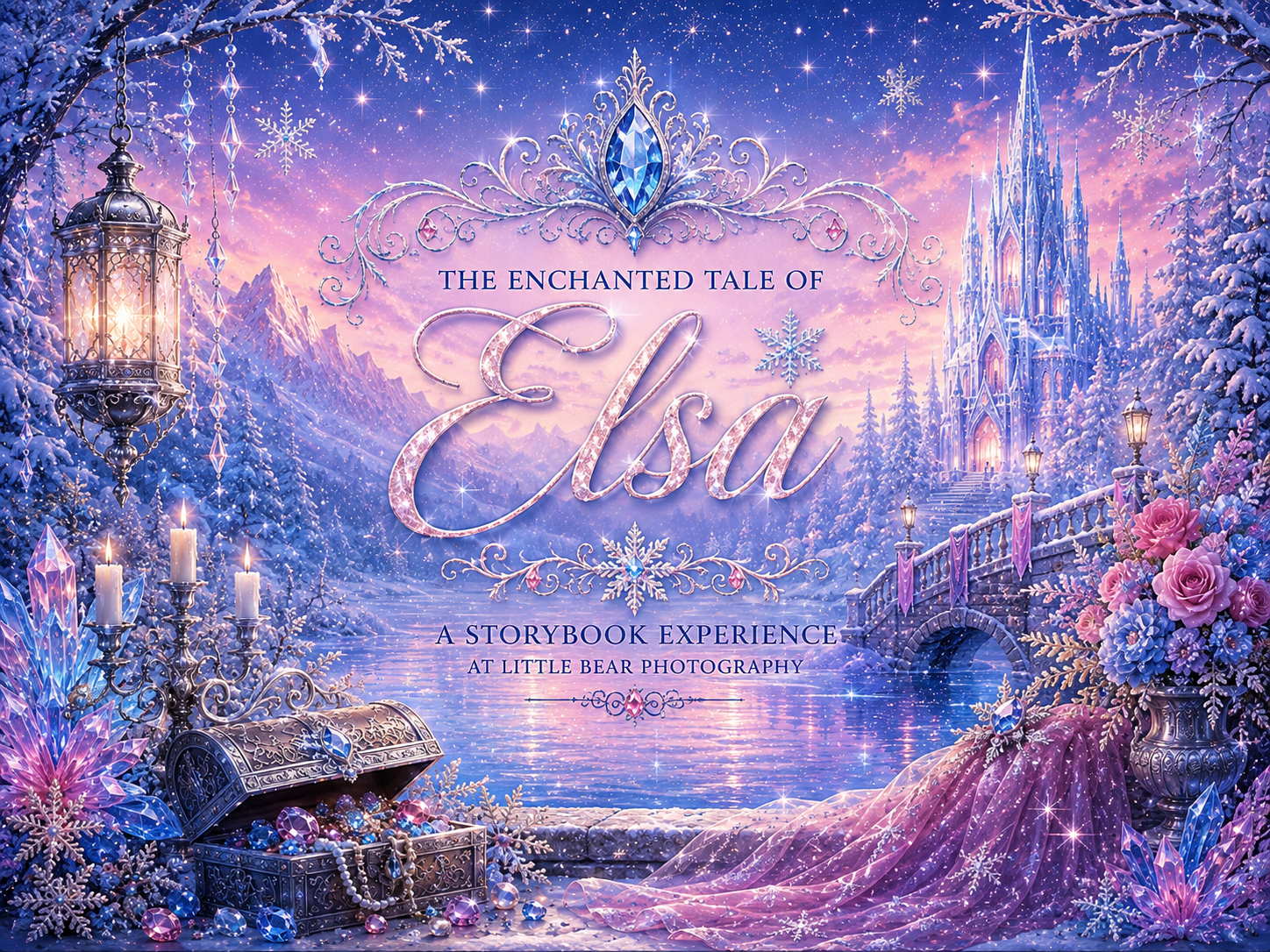Enchanted Tale of Elsa storybook experience backdrop with a fantasy ice castle, glowing lanterns, and pink floral accents.