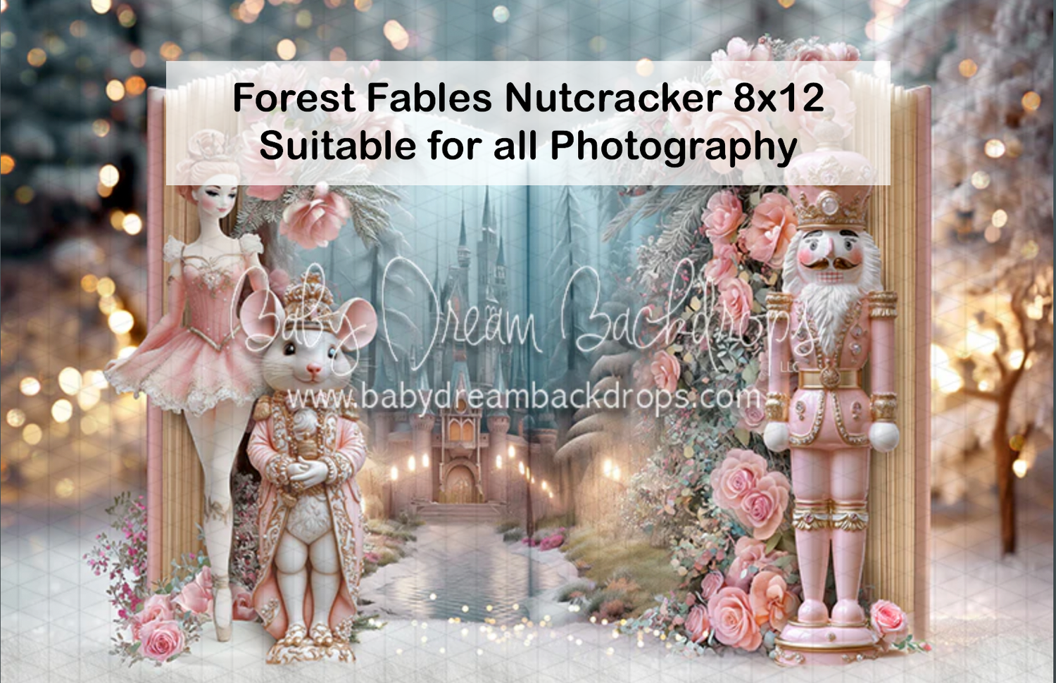 Forest Fables Nutcracker photography backdrop with ballerina, nutcracker, and pink roses, 8x12ft.