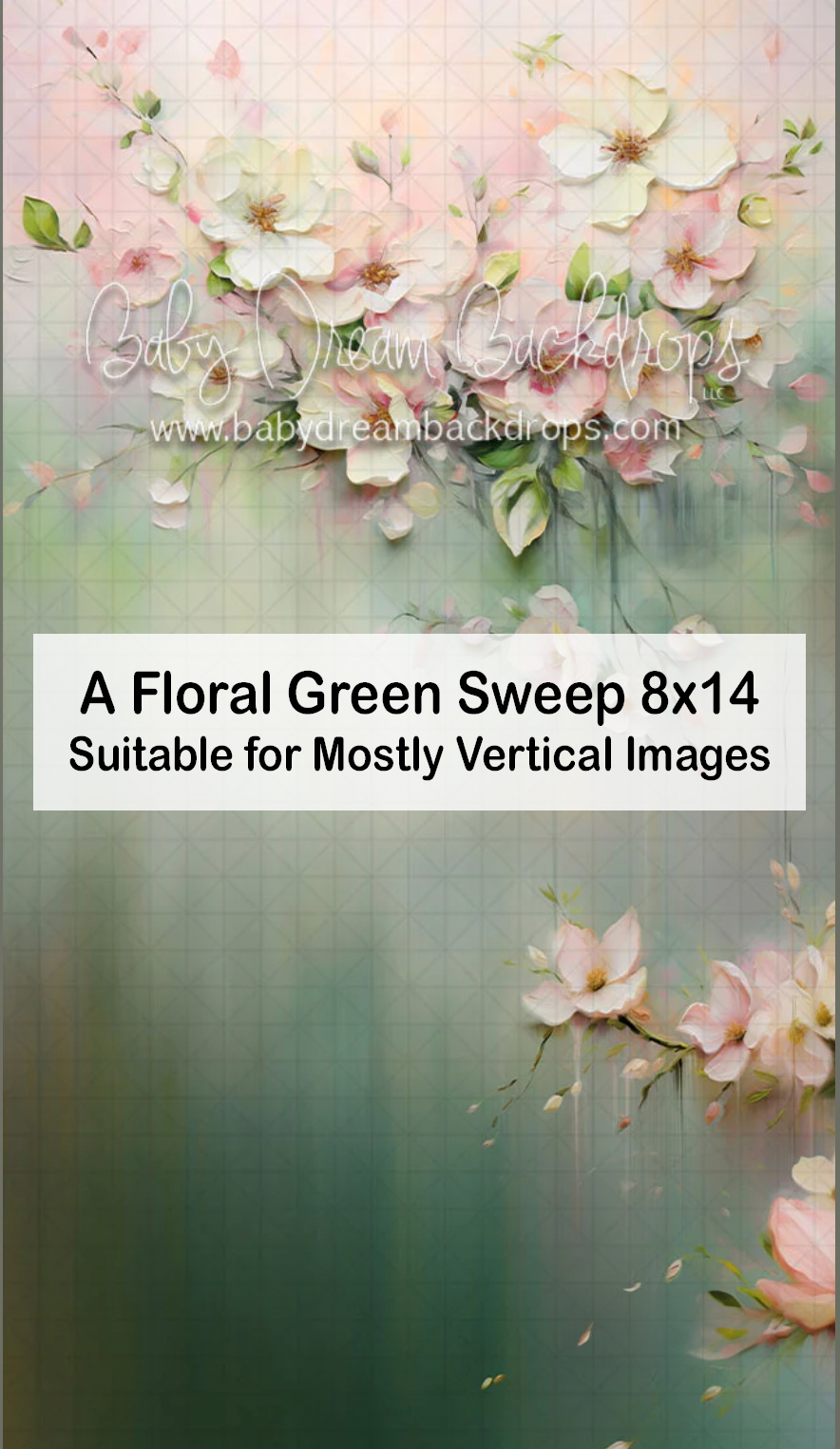 A Floral Green Sweep 8x14 backdrop with pink blossoms on green, suitable for mostly vertical images.