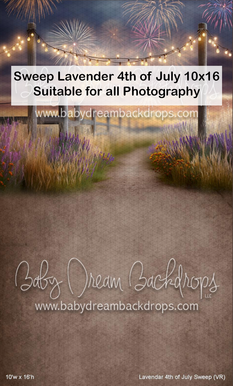 Sweep Lavender 4th of July 10x16 photography backdrop with fireworks, lavender fields, and string lights, suitable for all photography.