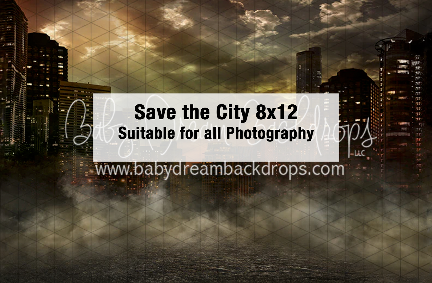 Dark dramatic cityscape with misty fog photography backdrop, 8x12 suitable for all photography.