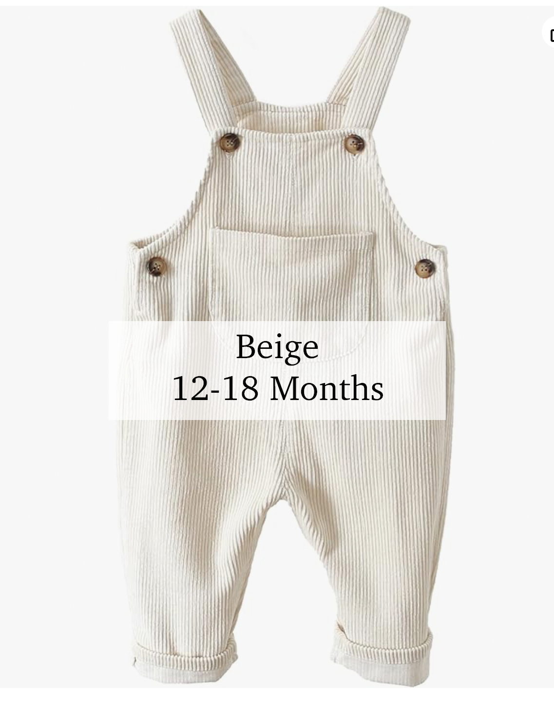 Beige corduroy baby overalls with adjustable straps and front pocket, size 12-18 months.