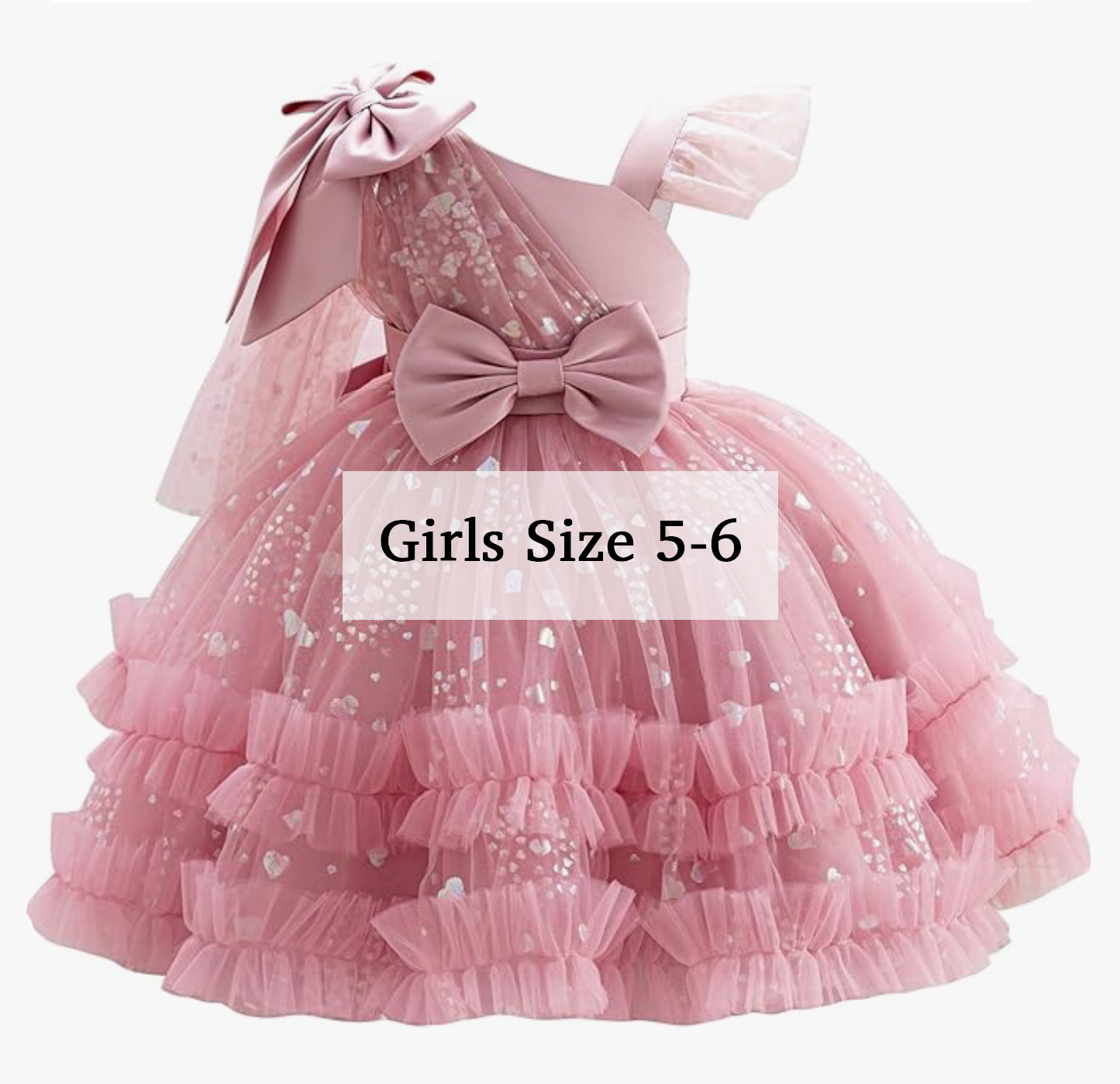 Girls pink layered tutu party dress with bow and sequins, size 5-6.