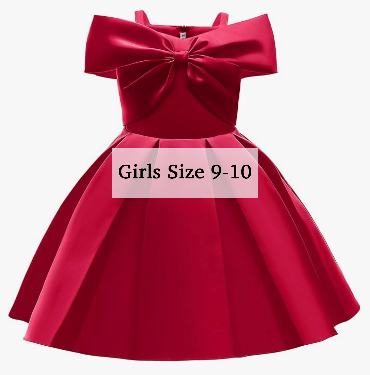 Girls size 9-10 red satin off-shoulder dress with large bow detail.