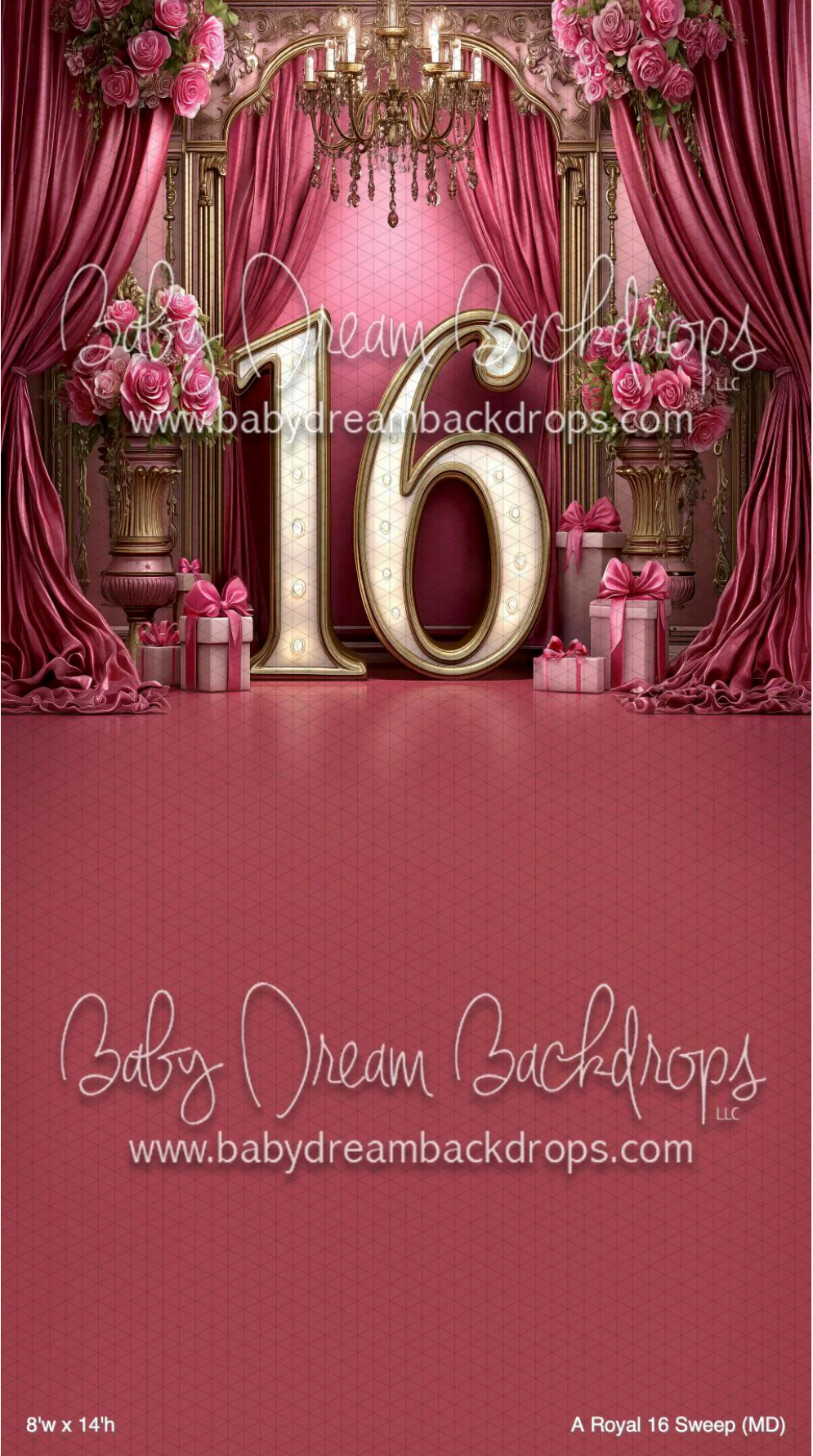 Sweet 16 birthday party backdrop with pink curtains, roses, chandelier, and gold number 16 by Baby Dream Backdrops.