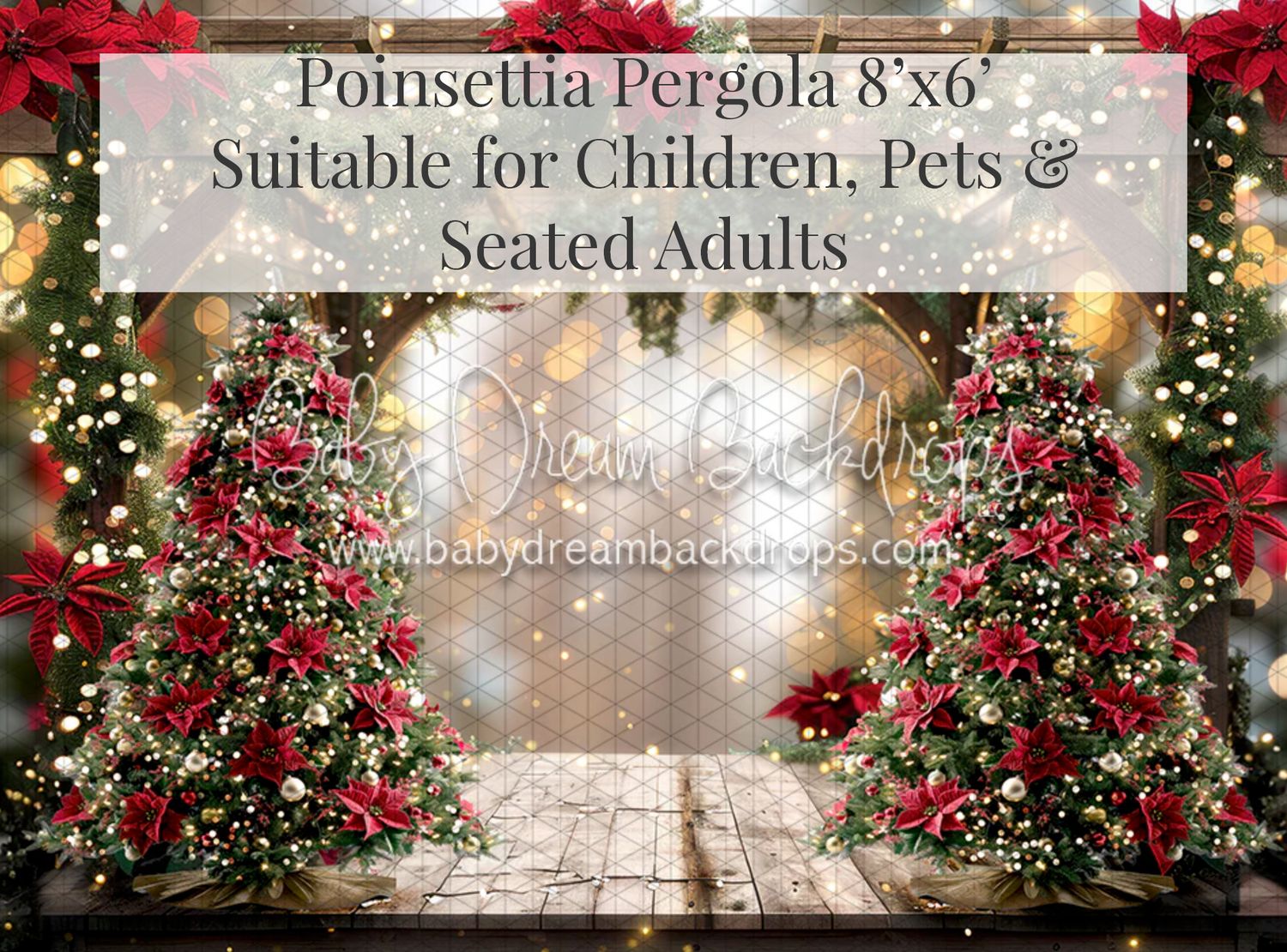 Poinsettia Pergola 8x6 photography backdrop featuring decorated Christmas trees, red poinsettias, and warm lighting.