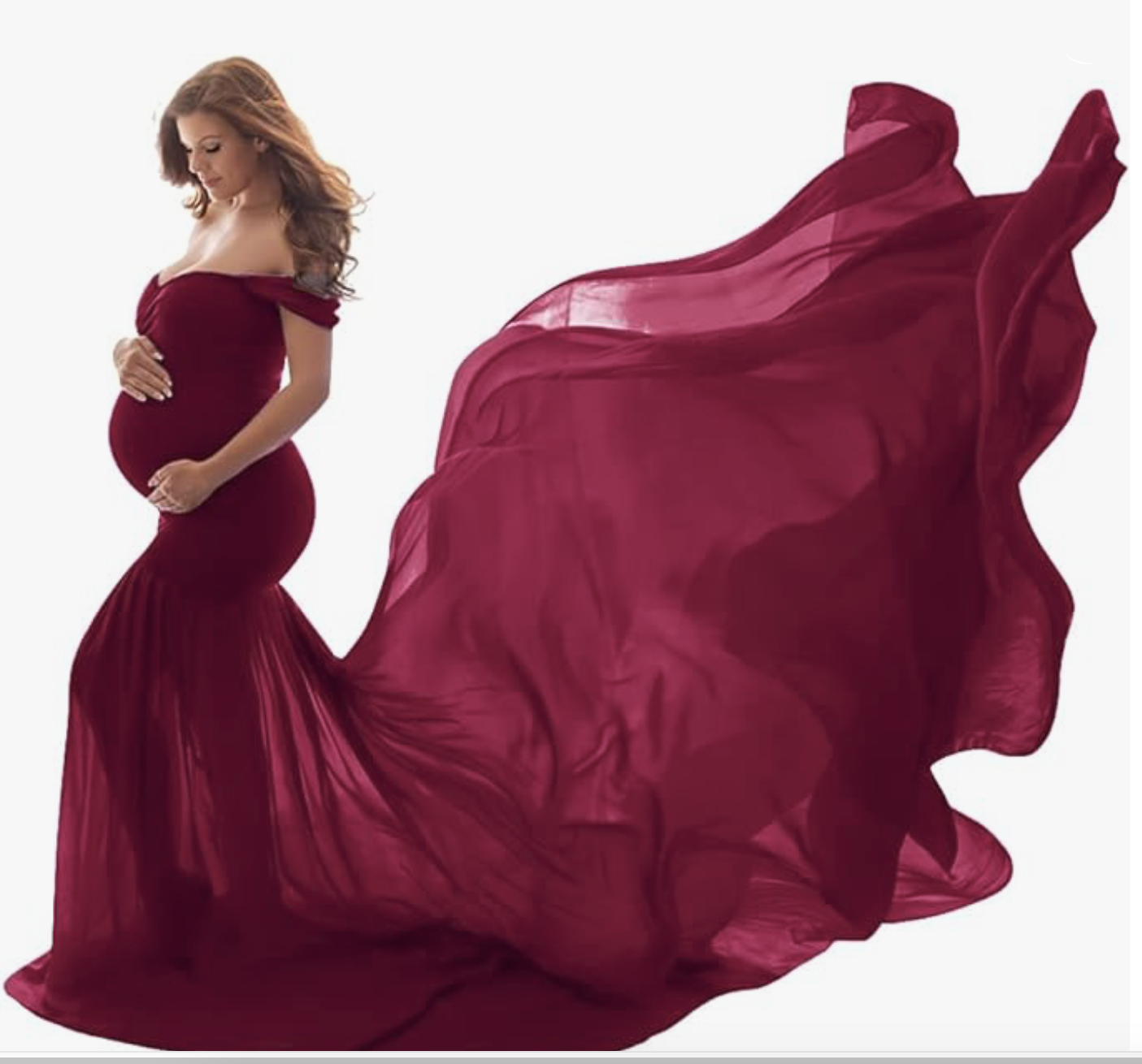 Burgundy off-shoulder chiffon mermaid maternity dress with flowing train.
