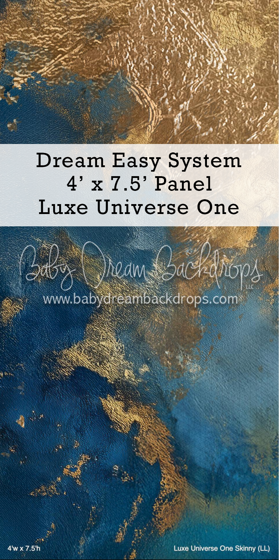 Luxurious photography backdrop with swirling blue and gold metallic textures resembling a cosmic universe landscape.