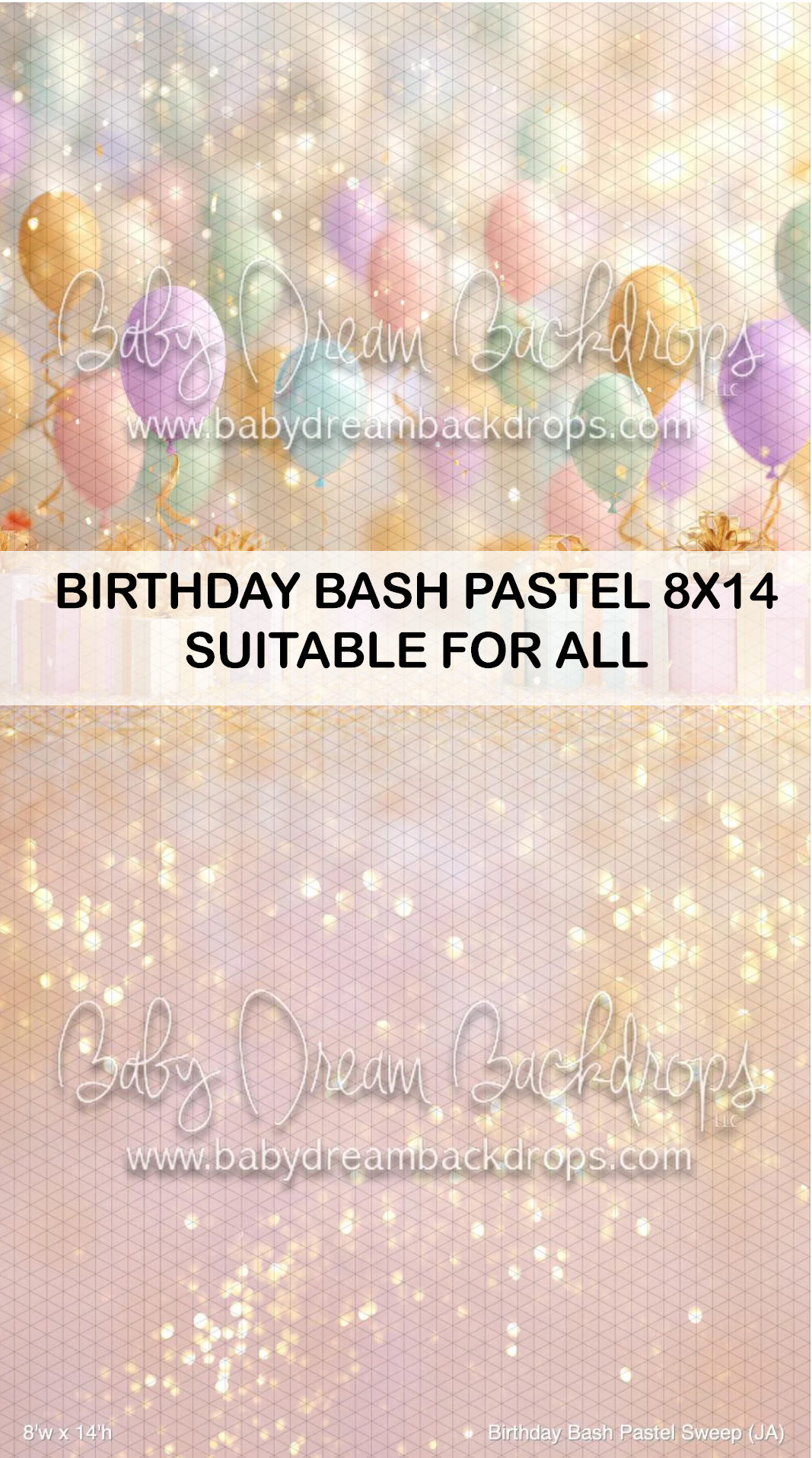 Pastel birthday bash photography backdrop with colorful balloons and bokeh lights, 8x14, suitable for all ages.