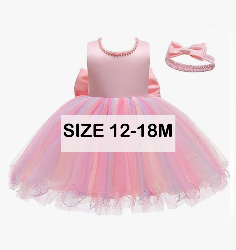 Pink rainbow tulle baby girl dress set with pearl necklace and bow headband, size 12-18 months.
